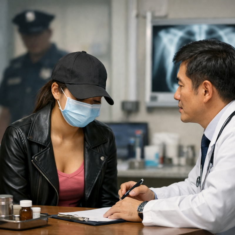 本圖描繪一名外送茶工作者在診間接受醫師問診的情境。患者以帽子與口罩遮掩外貌，呈現對身份暴露的高度警覺與不安；醫師則在一旁進行紀錄與詢問。背景隱約可見具象徵性的執法者身影，強化整體氛圍中的壓力與監視感。畫面反映出外送茶族群在醫療場域中，常因擔心通報、資料外洩或法律風險，而難以安心求診的現實處境。當外送茶工作者踏入醫療體系時，往往不只是面對疾病本身，更同時承受來自制度與社會的多重壓力。圖中低頭沉默的患者，象徵著在診療過程中無法完全放鬆的心理狀態；即使身體不適，也需權衡是否透露真實資訊。對許多外送茶從業者而言，醫療紀錄可能成為風險來源，而非單純的健康保障。這樣的情境容易導致延誤就醫、自行處理病症，甚至完全退出正式醫療系統。本圖以寫實手法呈現一種「被觀看的就醫經驗」，突顯外送茶族群在醫療與監控交織下的脆弱位置。也進一步呼應文章核心議題：若缺乏匿名保障與制度信任，外送茶工作者將持續在健康需求與風險恐懼之間掙扎，最終影響的不僅是個人健康，也包含整體公共衛生的安全。