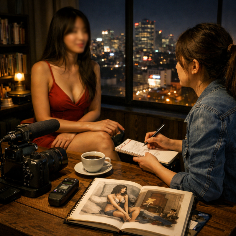 本圖以寫實風格呈現一名外送茶工作者在都市夜景中的受訪場景，畫面中可見攝影設備、筆記書寫與訪談互動，象徵外送茶工作者不再只是被觀看、被描述的對象，而是能透過藝術、寫作與研究主動表達自身處境與經驗。整體氛圍強調外送茶議題中的文化權、敘事權與主體性，呼應文章對於外送茶工作者避免被他人代言、重新取得發聲位置的討論。這張圖片描繪一個安靜而深刻的夜晚場景，一名外送茶工作者坐在窗邊，在城市燈火映照下接受訪談，另一人則以筆記記錄其口述內容。桌面上的相機、錄音設備與開放的圖冊，象徵外送茶不只是社會標籤或外部論述中的符號，而是一段能被整理、書寫、保存與再現的真實生命經驗。圖像試圖傳達，外送茶工作者同樣擁有文化創作與自我表述的權利，能透過影像、文字與研究參與，說出自己的故事，讓外送茶不再只是他人眼中的議題，而成為當事人親自建構的敘事。