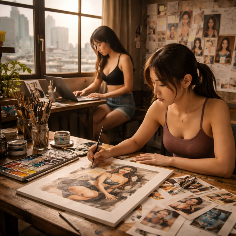 本圖呈現一個充滿自然光的都市創作空間，兩名女性分別進行繪畫與文字創作，象徵外送茶工作者透過藝術與數位工具進行自我表述。畫面中的畫筆、顏料、照片與筆電，代表外送茶經驗被轉化為可見的文化作品，呼應文章中對於外送茶工作者透過藝術與寫作重建敘事權的討論。在這個溫暖且安靜的室內場景中，一名外送茶工作者專注於畫布上細緻描繪女性形象，另一人則在電腦前整理資料與文字內容，形成藝術與研究交織的畫面。桌面散落的影像資料與創作工具，象徵外送茶不再只是被外界觀看或定義的對象，而是能由當事人親自轉譯與再現的生命經驗。整體圖像傳達出外送茶工作者透過創作建立文化主體性，將原本被污名化的外送茶經驗轉化為具有深度與情感的文化敘事，進一步回應「誰能說外送茶故事」這一核心問題。