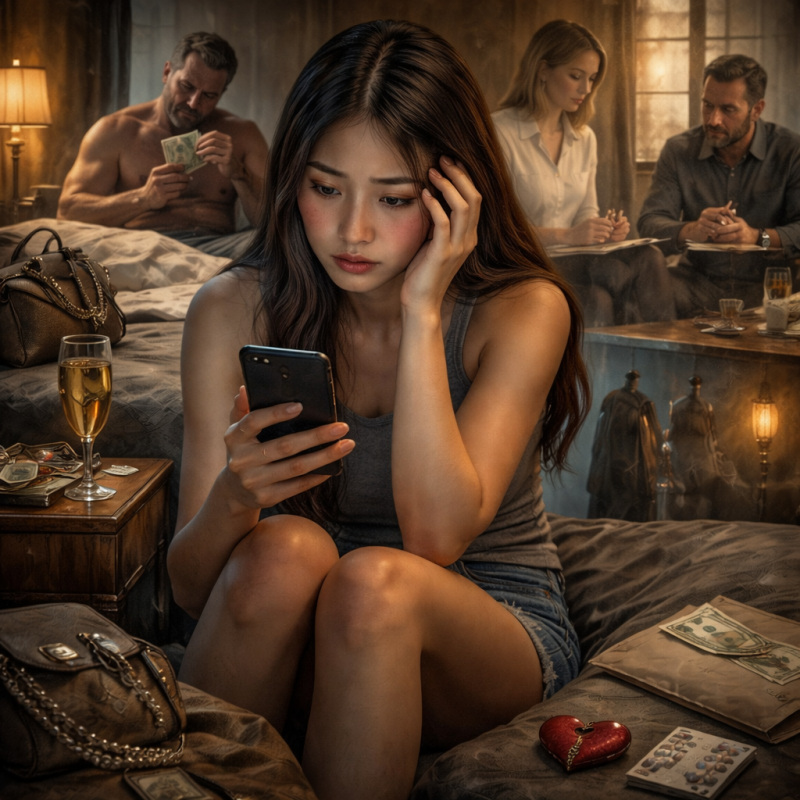 本圖以寫實風格描繪一名年輕女性在夜晚獨坐床邊、凝視手機訊息的瞬間,呈現援交關係中常見的情緒壓力、等待、不安與自我懷疑。畫面透過房間、金錢、手機與諮商場景的並置,象徵某些援交互動不只是金錢交換,也可能伴隨控制、冷熱交替、心理勒索與煤氣燈效應。整體氛圍壓抑而克制,呼應文章中對援交情感操控、心理創傷與求助需求的討論。這張圖片把文章所談的核心問題轉化為具體視覺語言。畫面中央的女性低頭看著手機,神情疲憊而游移,象徵在部分援交關係中,當事人長期受到訊息控制、情緒牽引與關係不確定性的消耗。床邊散落的金錢、酒杯與私人物件,暗示援交情境中金錢交換與私人界線交錯後產生的複雜處境;而背景中隱約出現的男性身影與諮商對談場景,則形成鮮明對照:一邊代表援交互動裡可能存在的支配、冷漠與操控,另一邊則代表心理諮商提供的理解、辨識與修復可能。整體構圖強調,援交中的傷害往往不是單一暴力事件,而是透過反覆否定、模糊承諾、情感拉扯與自我懷疑逐漸形成。這幅圖因此不只是描寫援交表面的交易場景,更試圖呈現其背後潛藏的心理創傷,以及在教育與心理支持中重新識別與處理的必要性。