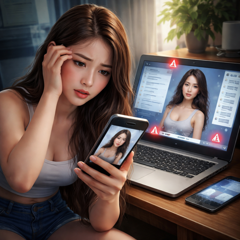 本圖以寫實風格呈現一名年輕女性在室內使用手機與筆電時,發現自身影像疑似遭到深偽技術冒用的緊張情境。畫面中的警示符號與螢幕上相似卻可疑的影像,象徵外送茶工作者在數位平台上可能遭遇的身分盜用、假帳號冒名與影像偽造風險。整體氛圍突顯外送茶相關工作者在網路環境中所面對的不安、壓力與自我保護困境。一名神情憂慮的女子坐在桌前,手中拿著手機,目光專注地看著螢幕中的人物影像,身旁的筆電同時顯示與她高度相似的照片與介面內容,畫面上出現醒目的警告標誌,暗示其數位身分可能已遭偽造或冒用。這張圖片呼應文章中對外送茶工作者數位形象風險的討論,具體呈現外送茶在深偽技術與平台治理不足之下,所承受的名譽受損、安全威脅與心理焦慮,也反映外送茶議題在數位時代中已不只是隱私問題,更涉及身分驗證、平台責任與即時救濟的重要性。