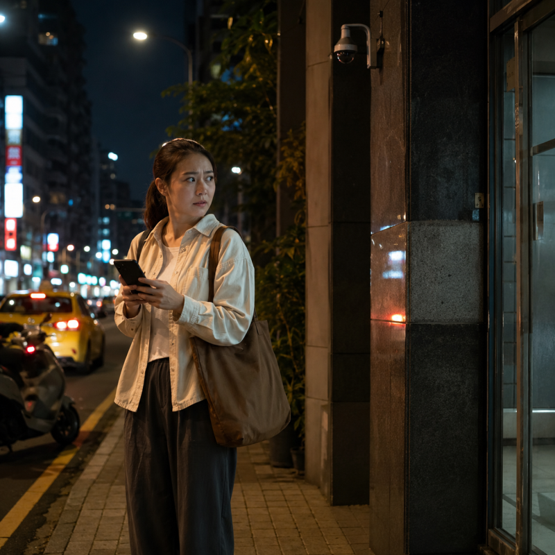 圖片呈現一名成年女性在夜晚都市街道旁，手持手機站在大樓入口附近，神情謹慎地觀察周遭環境。畫面中可見街燈、計程車、機車、監視器與建築入口，營造出外送茶接單過程中，從業者在前往指定地點前評估安全風險、確認環境是否異常的氛圍。這張圖片以寫實風格呈現外送茶從業者在接單過程中的警覺狀態。夜晚的城市街道帶有模糊燈光與流動車影，人物站在大樓入口外，低頭查看手機訊息，同時留意四周是否有可疑人物、陌生車輛或不合理的地點安排。畫面強調外送茶接單前應重視資訊透明、地點安全、對方溝通態度與現場環境變化，凸顯「寧可取消一單，也不要忽略危險訊號」的安全觀念。