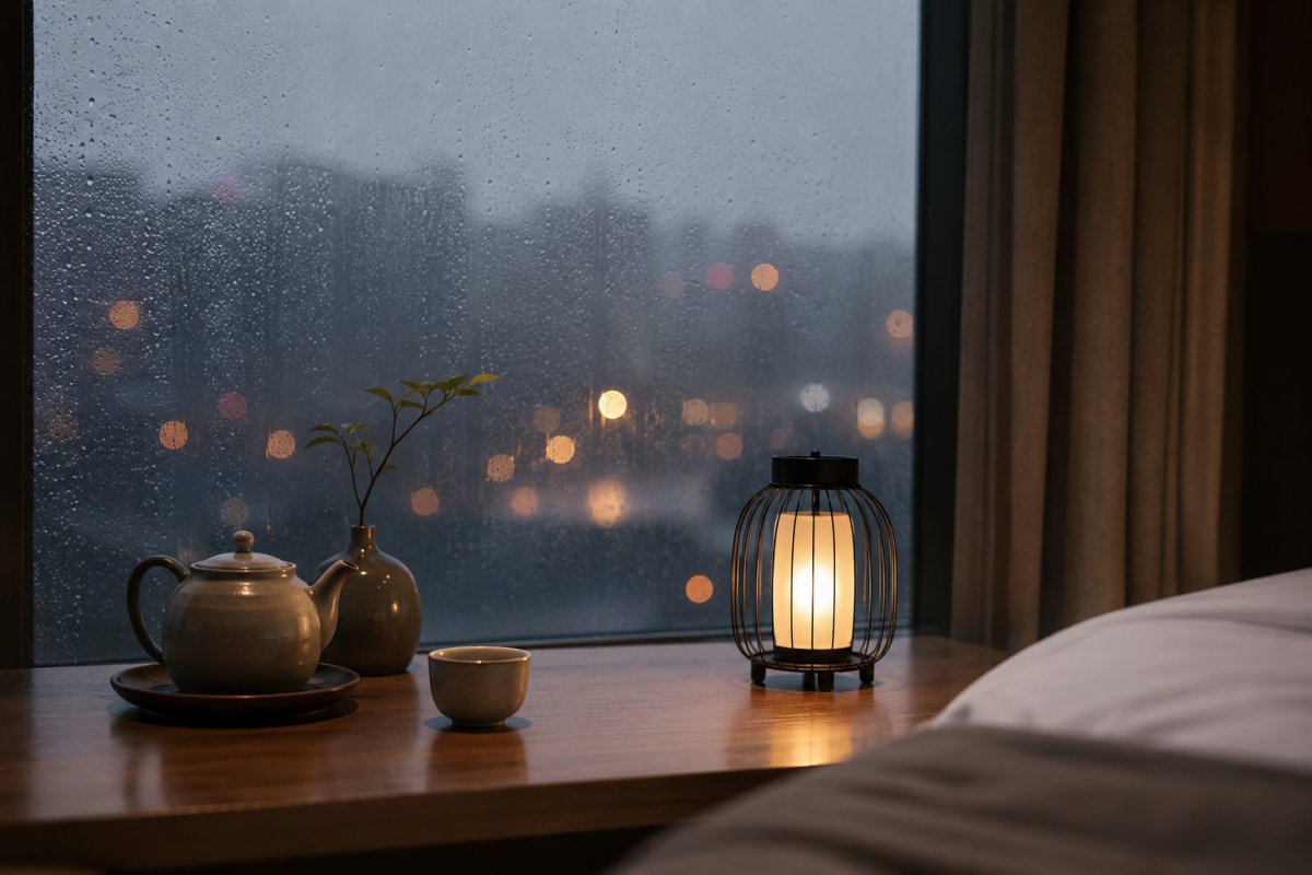 雨天城市窗景旁的茶壺與暖色燈光,呈現外送茶與定點茶安全討論的安靜氛圍