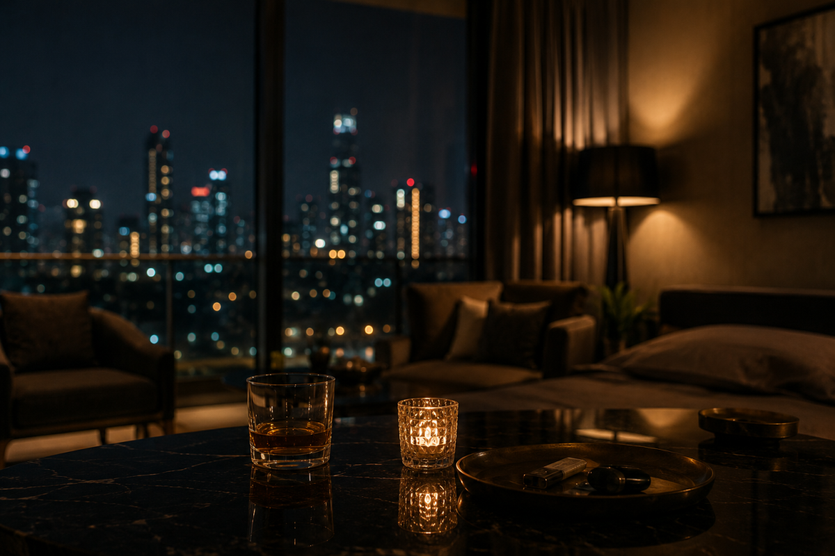 夜晚高樓公寓內有柔和燈光與城市夜景，呈現外送茶、定點茶與性產業政策議題文章所需的低調都市氛圍