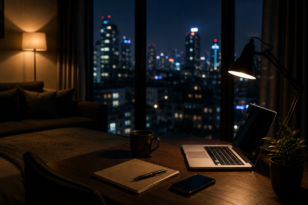 夜晚城市公寓內有柔和燈光、書桌與窗外都市夜景，呈現外送茶工作者面對匿名抹黑、公開爆料與網路風險時的低調氛圍