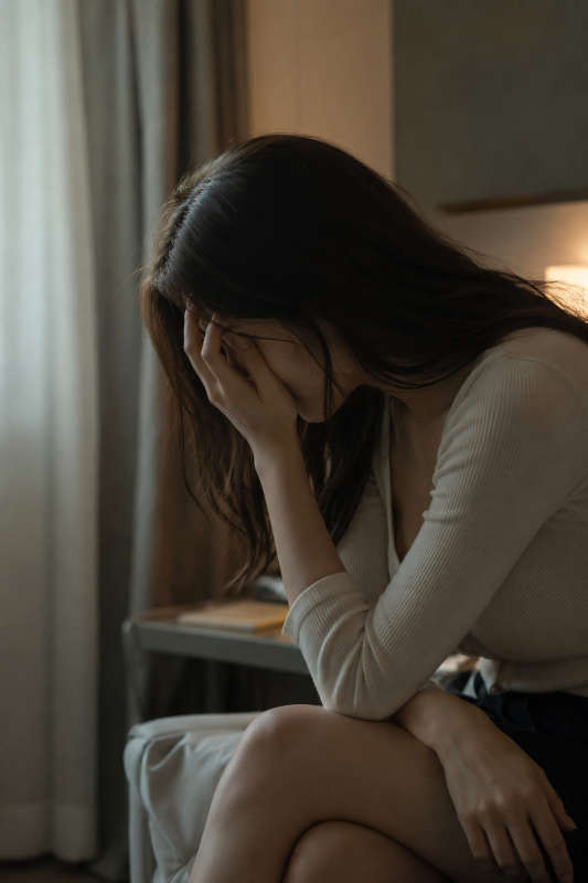 昏暗室內中一名女性低頭沉思,呈現經濟壓力、社會標籤與安全風險交織下的成人服務產業觀察情境