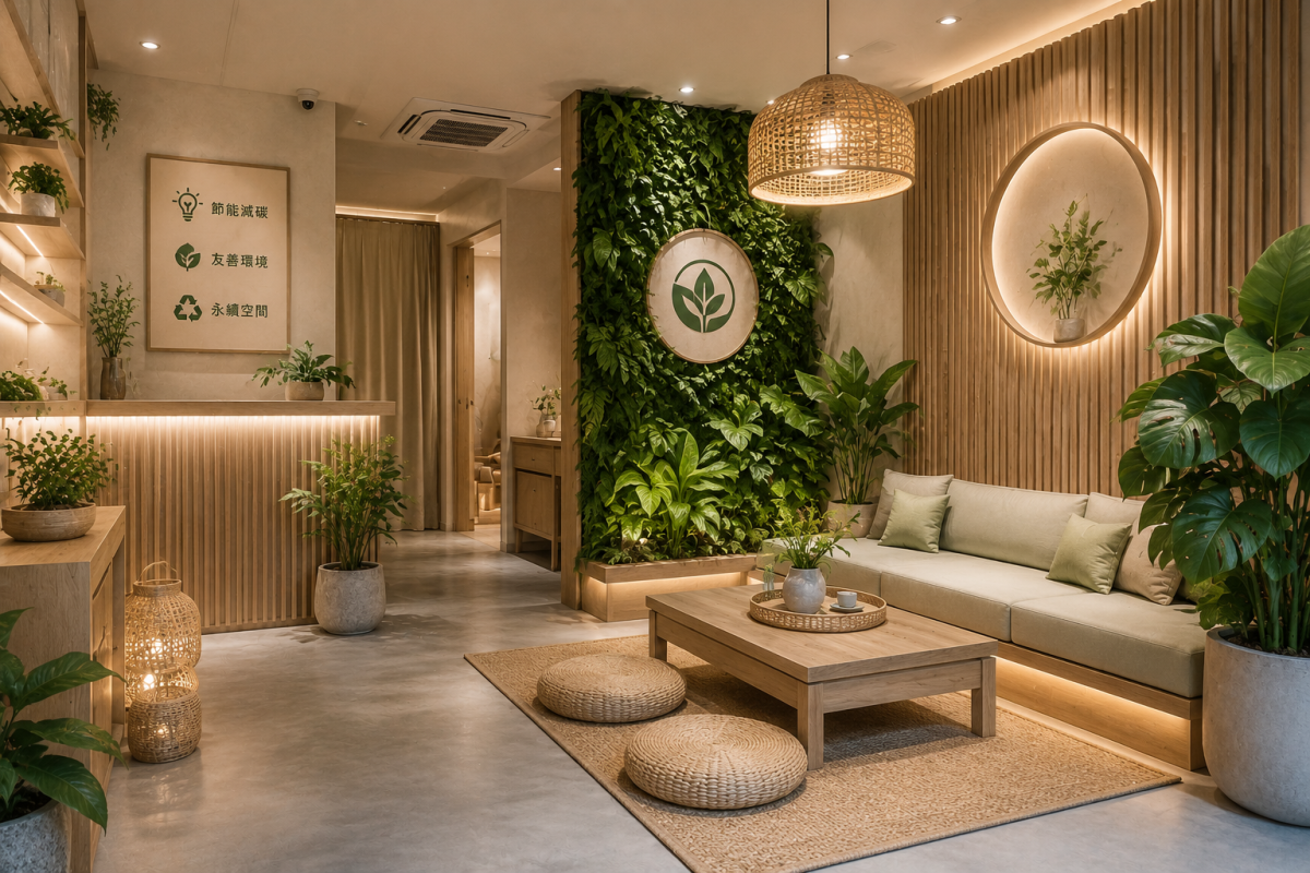 自然採光的現代茶房空間，使用木質家具、綠植牆、竹編燈具與低彩度裝潢，呈現定點茶裝設計中環境友善、舒適氛圍與永續空間規劃的趨勢。
