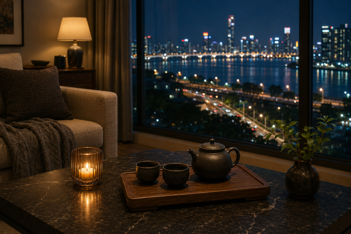 台北雨夜街道燈光與窗邊淺色茶席，呈現台北外送茶與定點茶生活圈整理文章的夜間氛圍