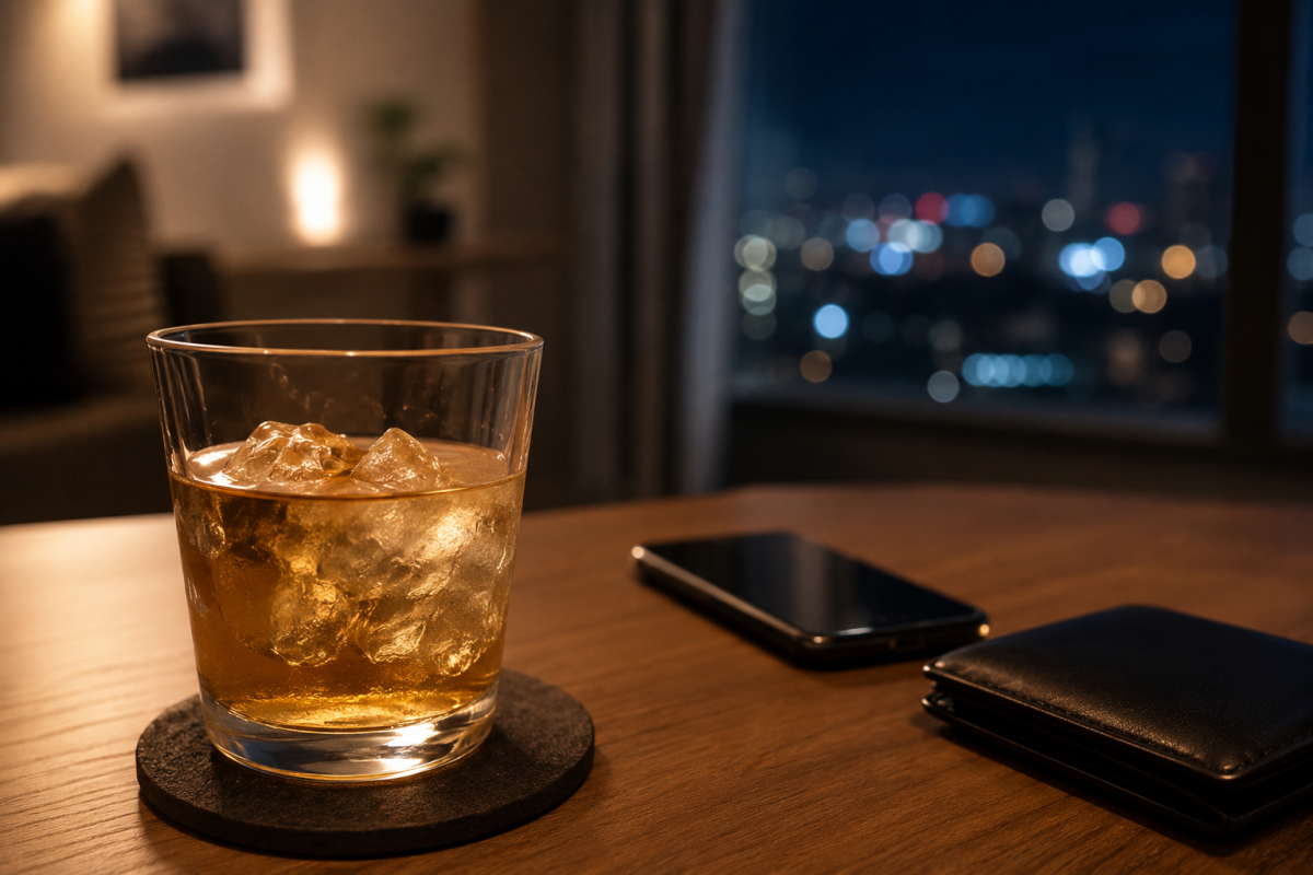 新竹夜間室內桌面、玻璃杯、手機、皮夾與窗外城市燈光散景，呈現新竹外送茶與定點茶回程路線生活圈氛圍