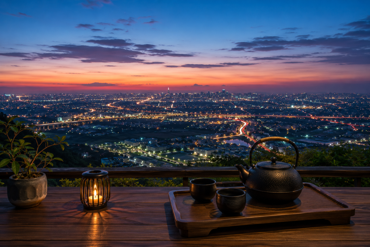 桃園夜間城市街區燈火與淺色茶席,呈現桃園外送茶與定點茶生活圈整理文章的放鬆氛圍