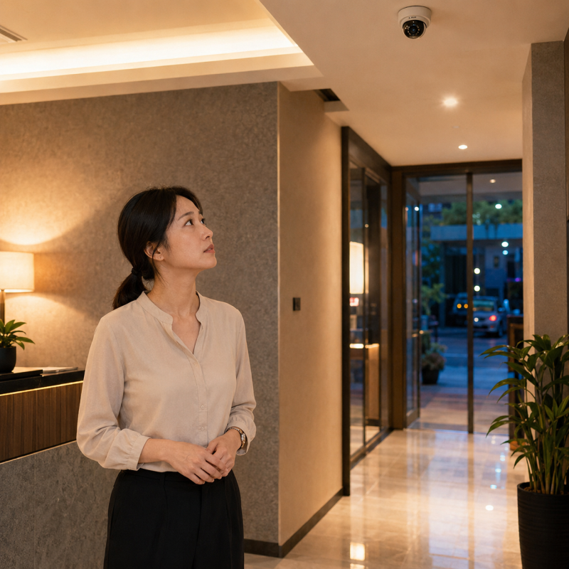 以定點茶場所的公共走廊與接待區為背景,成年工作者抬頭注意天花板上的監視器,呈現安全管理與隱私保障之間的衝突。畫面透過定點茶工作者、公共動線及監控設備的配置,說明攝影範圍應限於出入口與公共區域,不應延伸至休息、更衣或其他高度私密空間。
