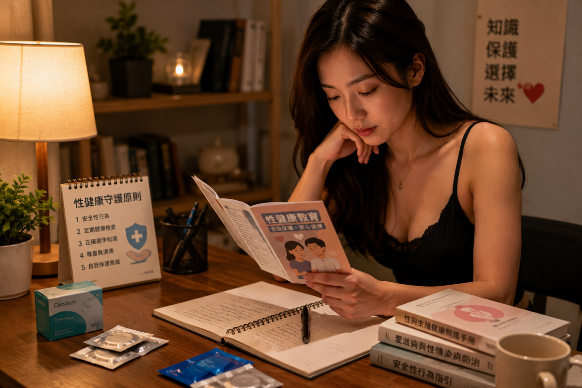 夜晚室內女性在柔和燈光下整理筆記與手機資訊，呈現外送茶與定點茶安排前重視性健康教育、安全知識、隱私保護與尊重界線的情境