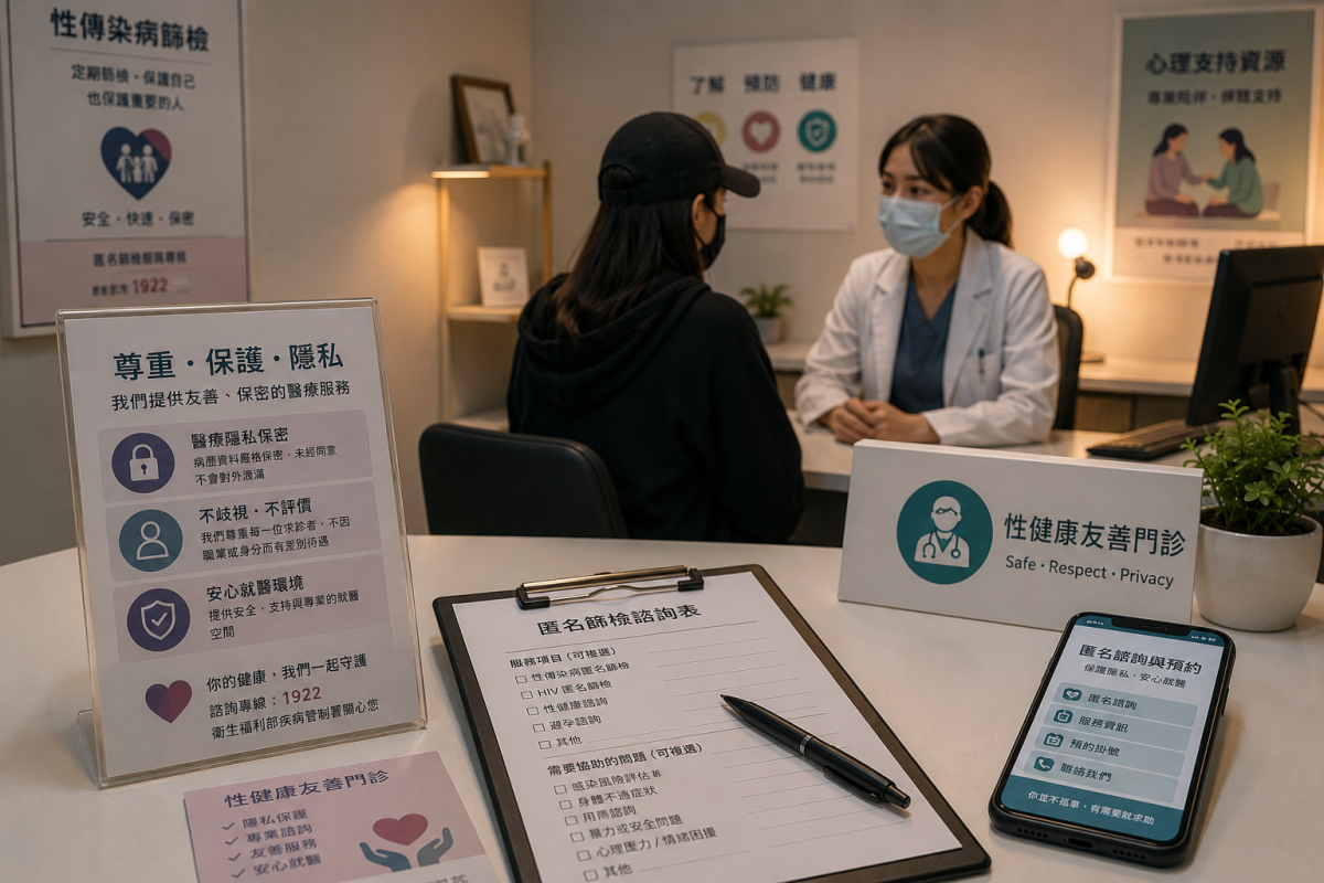 安靜診間中醫療諮詢表、匿名篩檢提示與手機預約畫面，呈現外送茶工作者就醫時對通報、隱私保護與友善醫療服務的安全需求