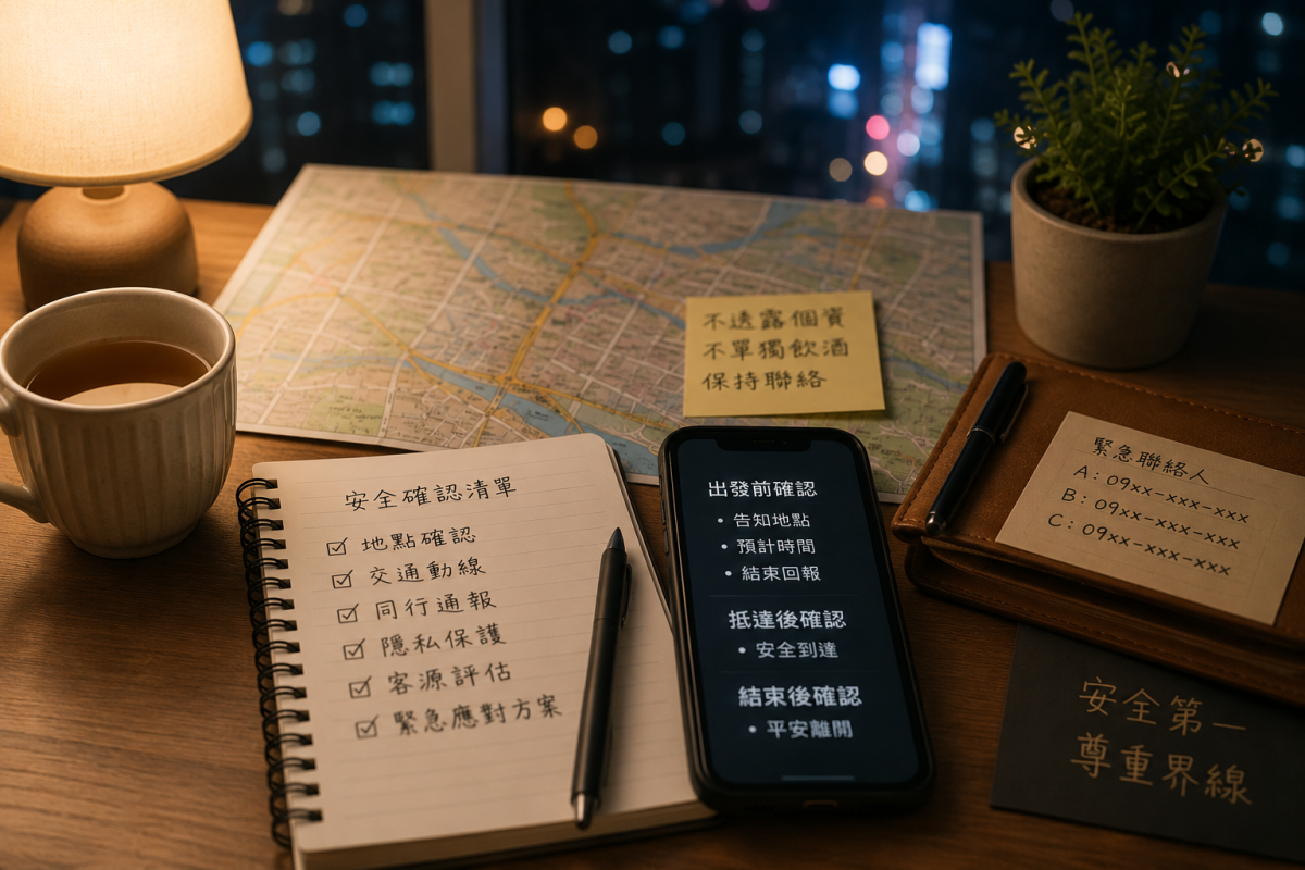 夜晚室內桌面上放著手機、筆記本、城市地圖、茶杯與聯絡紀錄，呈現外送茶工作者在出發前進行地點確認、同行通報、隱私保護與安全防護檢查的情境。