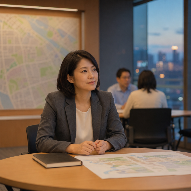成年女性在地方公共政策會議中查看城市規劃資料,象徵外送茶性專區設立權力賦予地方的治理與社區參與討論。