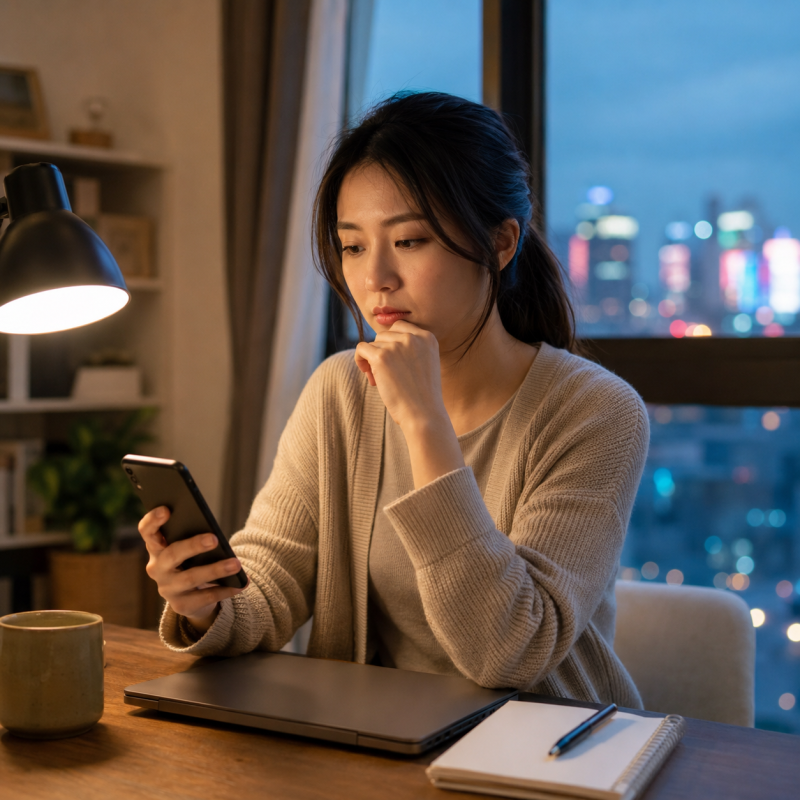 一名女性在夜晚室內查看手機與筆電,象徵短租日用品平台、色情網站資訊、個資保護與網路安全風險