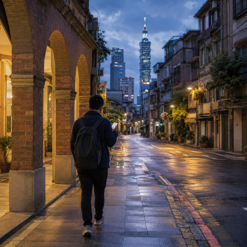 台北夜間城市街景,一名不露臉的行人走在濕潤人行道上,遠方可見城市地標,象徵外送茶與定點茶資訊閱讀中的法規提醒與隱私保護