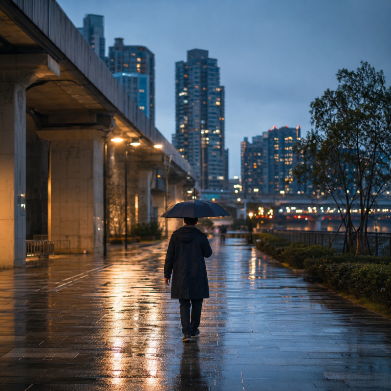 雨後傍晚的新北市河岸人行道,一名不露臉的成人撐傘行走,背景為模糊住宅大樓與高架橋