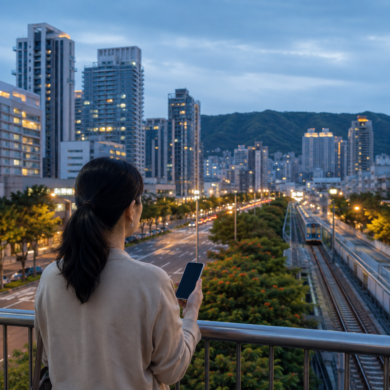 成年女性眺望台中都市道路與軌道,象徵台中外送茶、定點茶地區導覽及隱私保護