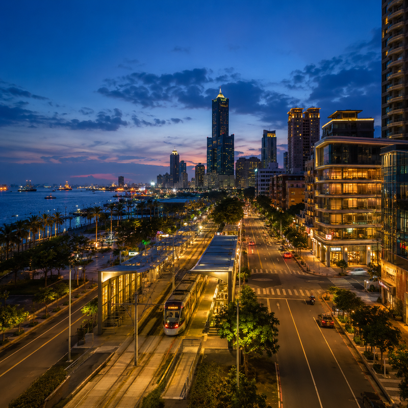 高雄港灣夜景、輕軌與城市道路構成的高雄外送茶及定點茶資訊導覽圖片