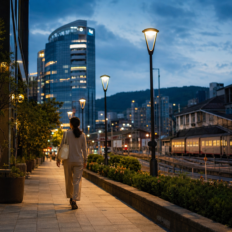 新竹縣夜間城市與鐵路生活圈，呈現竹北、竹東、新豐及湖口的外送茶與定點茶資訊導覽意象
