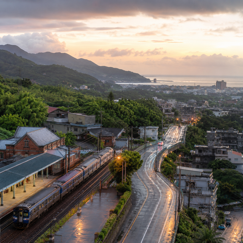 以雨後黃昏的苗栗城鎮、鐵路、道路、山景與海岸光線，呈現苗栗市、頭份市、竹南鎮到後龍鎮之間相互連接的生活圈。
