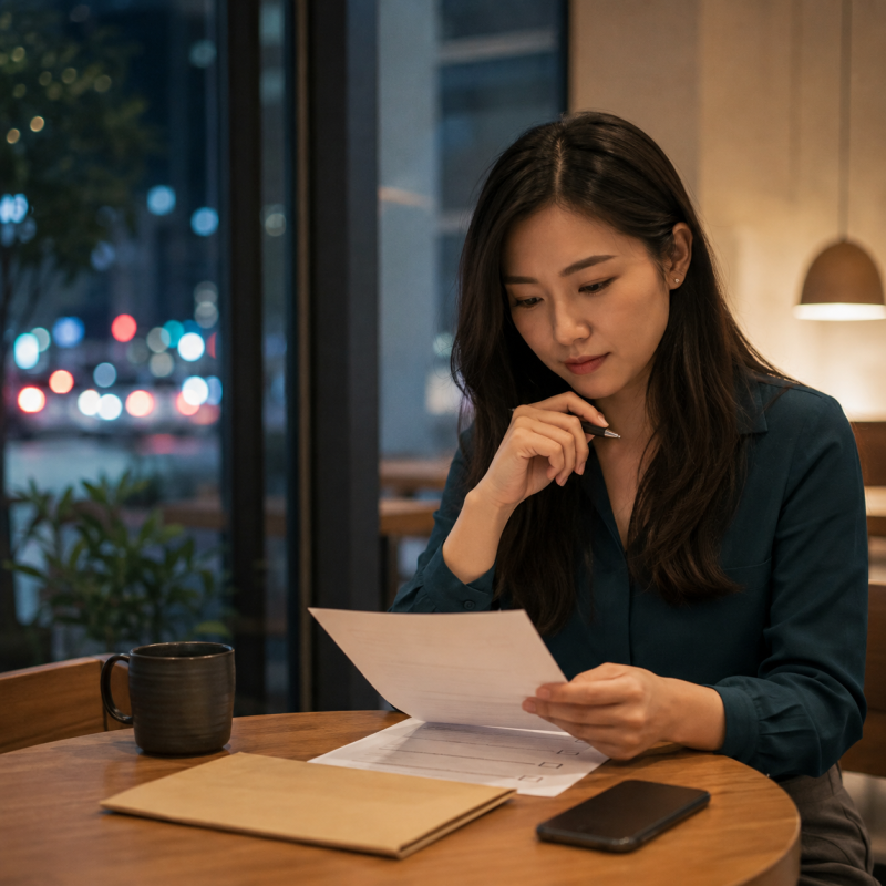 成年女性在安靜的咖啡館審閱合作文件，象徵外送茶工作者面對中介保障時，仍需掌握資訊與自主決定權。畫面以沉穩寫實風格呈現，透過文件、手機與思考中的人物，傳達外送茶合作關係中資訊透明、隱私保護與拒絕不合理要求的重要性。