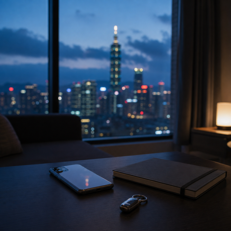 夜晚城市窗景前的手機、筆記本與安全鑰匙,象徵外送茶網約媒合中的隱私與安全風險