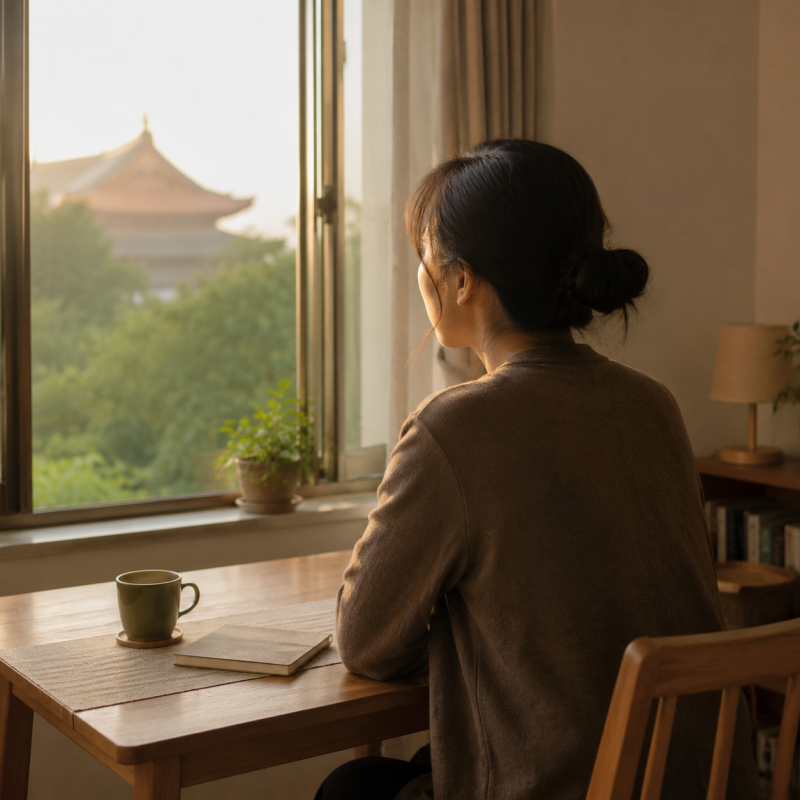 以安靜晨光與窗邊沉思,呈現援交與外送茶工作者面對信仰、自我認同與生活壓力時的內在對話。一名成年女性在窗邊桌前安靜思考,遠處寺廟輪廓與柔和自然光象徵支持、界線與重新理解自己的過程;適合用於探討援交、外送茶與宗教信仰影響自我認同的文章。
