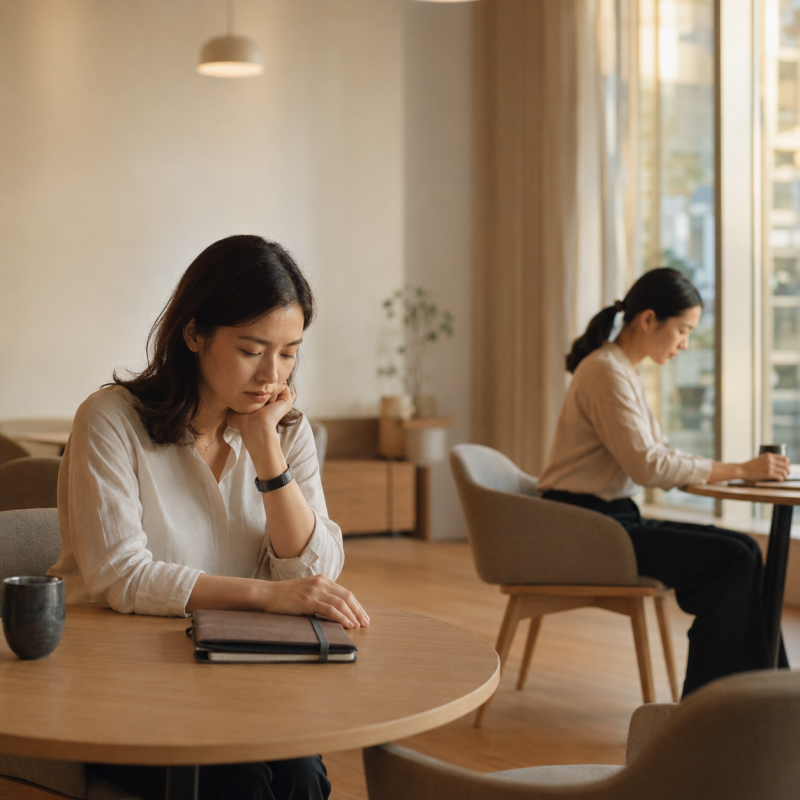 兩名女性在安靜工作空間分坐不同桌前，呈現定點茶站績效獎金制下的同儕競爭與心理壓力。