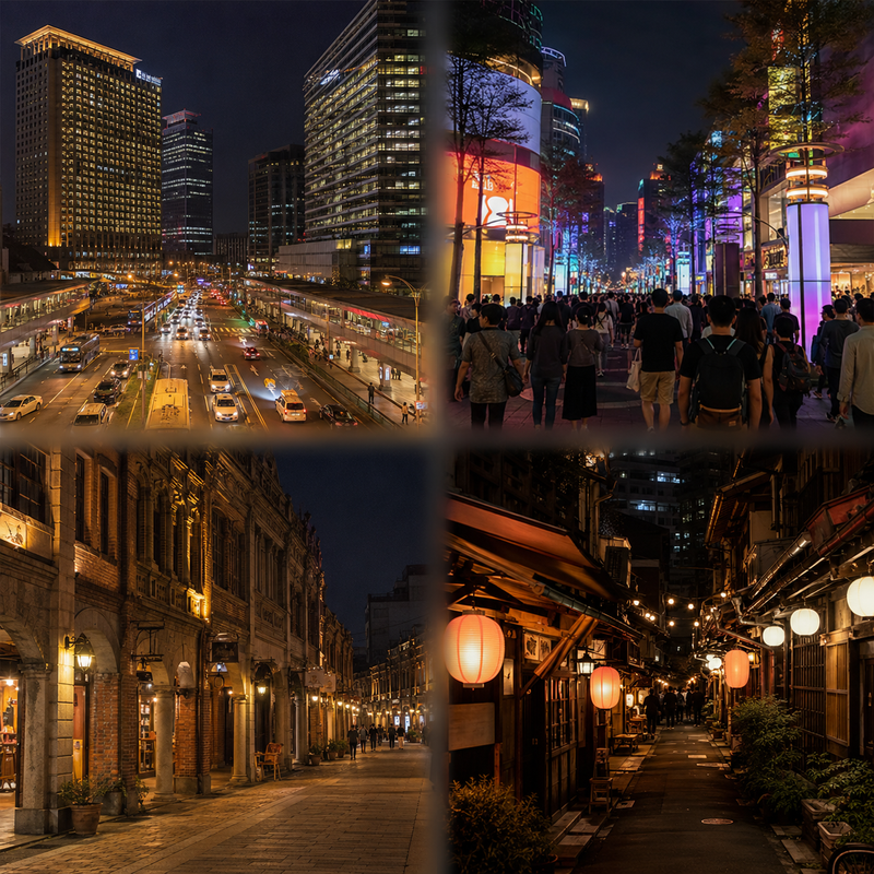 台北西區四行政區夜間街景拼接，外送茶定點茶台北西區導覽視覺意象